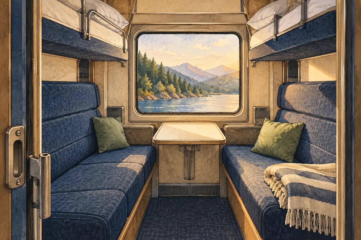 An empty generic rail sleeping compartment with two long bench seats, overhead berths, a fold-down table and a large window.