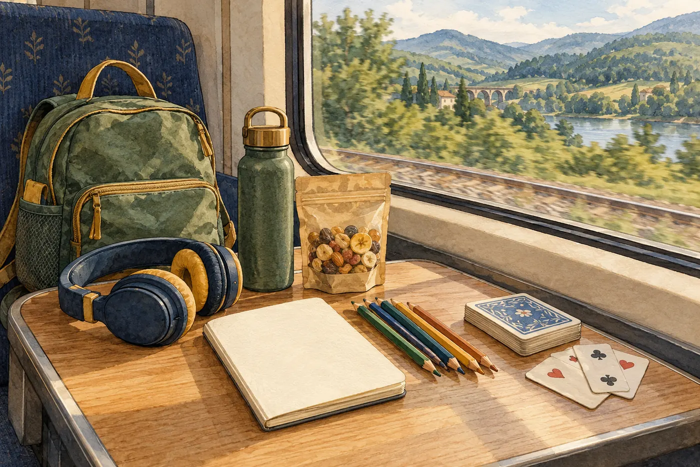 A blank notebook, colored pencils, cards, headphones, water bottle, snack pouch and small day bag arranged beside a train window.