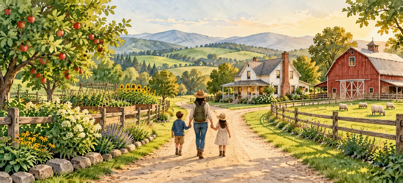 A family arrives at a small farmstead with a farmhouse, barn, garden and rolling hills in the background.