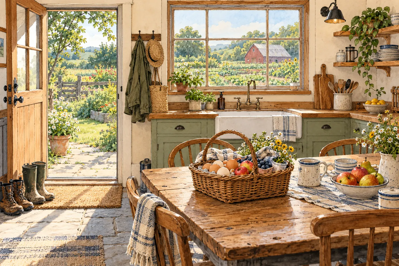 A cozy self-catering farm cottage kitchen with boots by the door, a breakfast basket and a view toward a fenced garden.