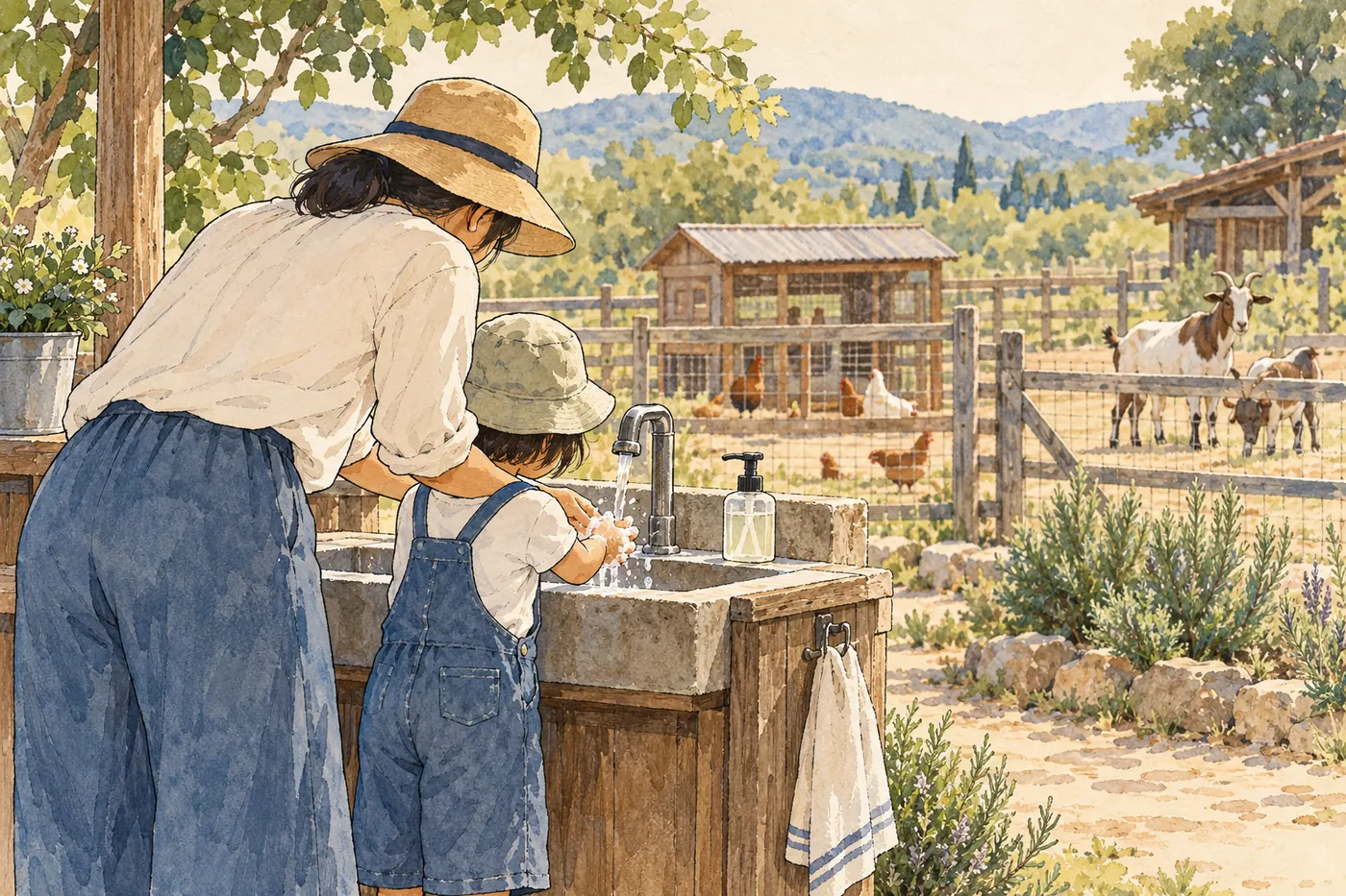 An adult helps a child wash hands at an outdoor farm sink after a supervised visit, with animals behind a fence in the background.