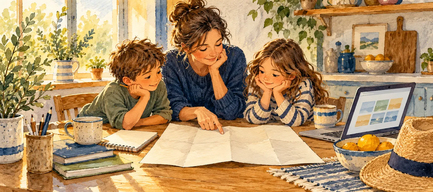 A parent and two children plan a family day around a blank map and a laptop with abstract, unreadable cards.