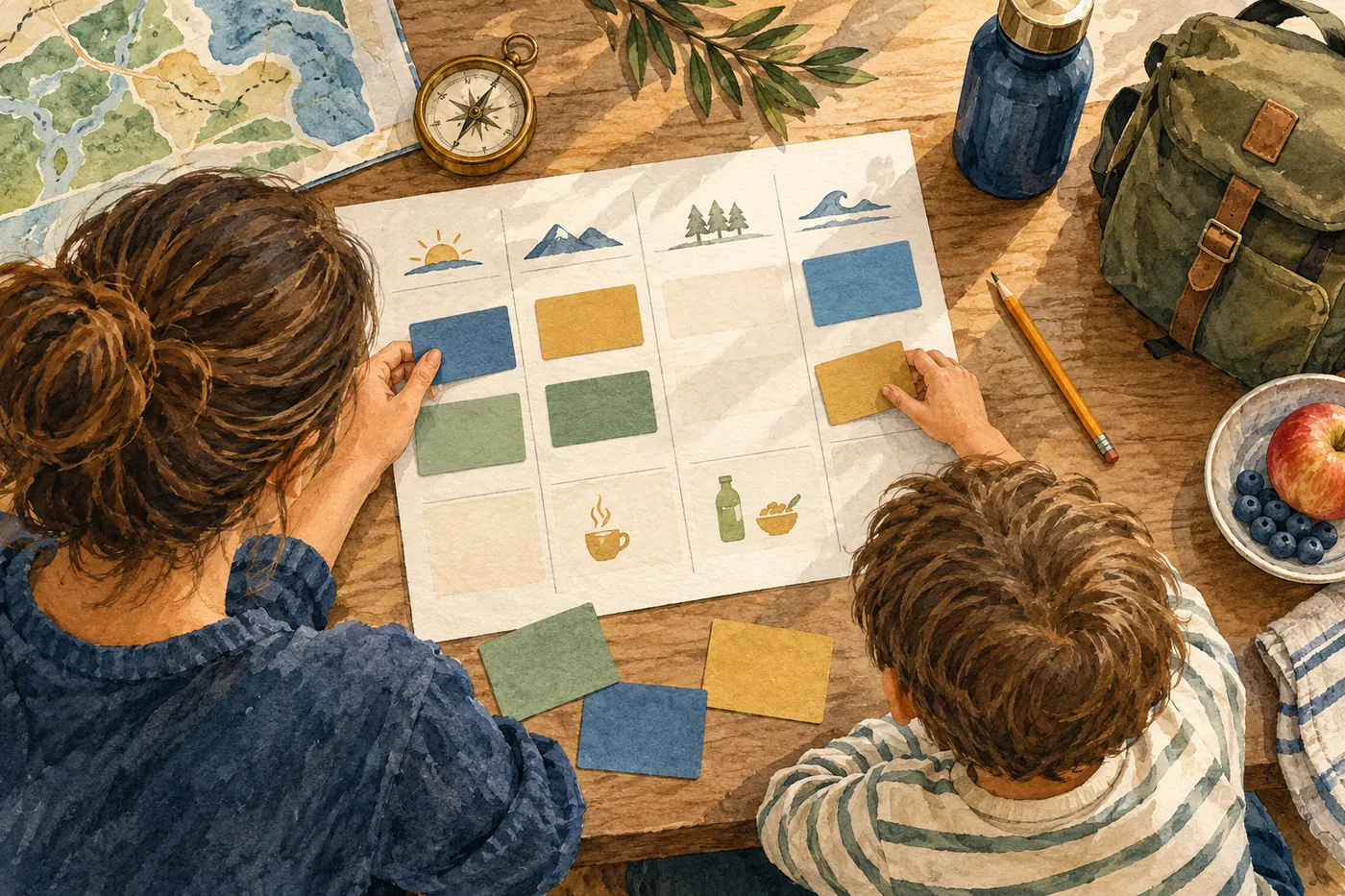 A parent and child arrange plain colored activity cards on an unlabelled family itinerary, with space for meal and rest breaks.