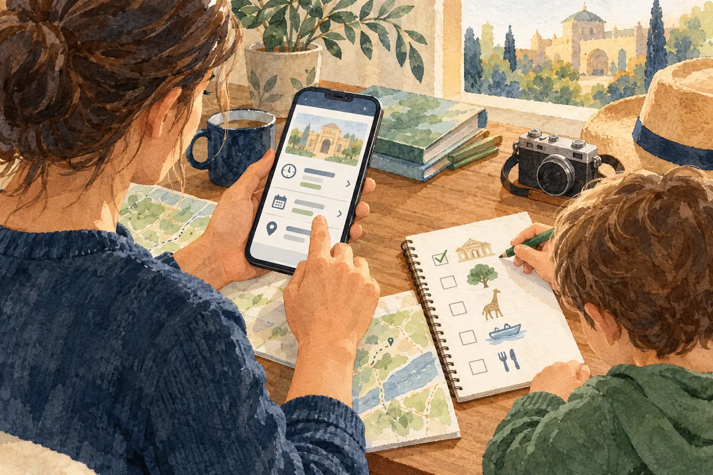 A parent checks an abstract venue-hours screen on a phone while a child marks a paper trip plan; the screen contains no readable details.