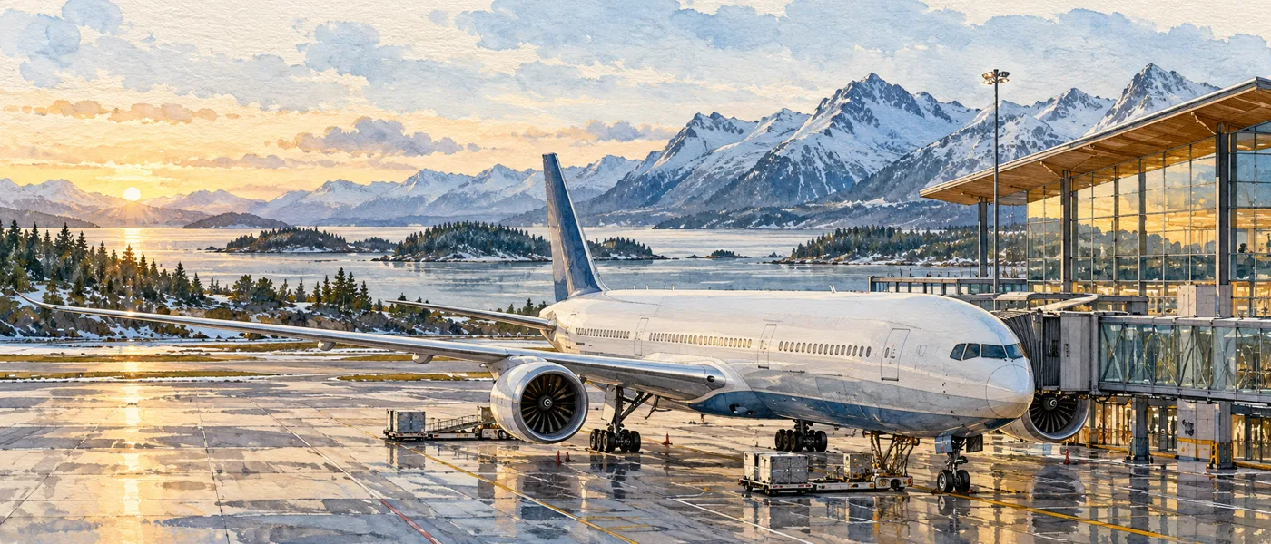 An unbranded twin-engine passenger jet at a Nordic airport in soft morning light.