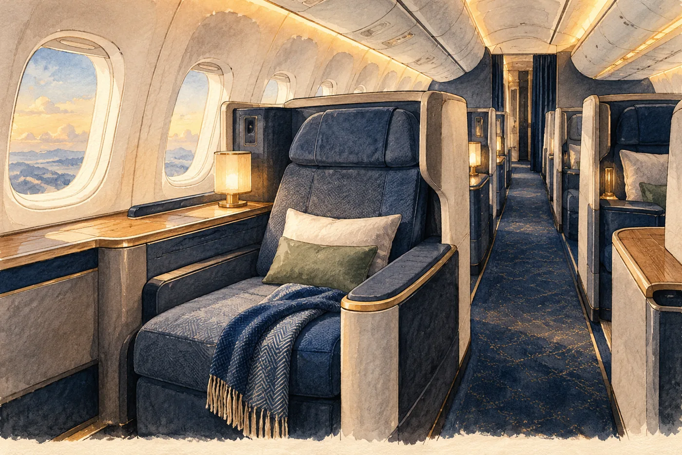 An empty, sculpted premium cabin seat beside an open aisle, shown as a generic illustration.