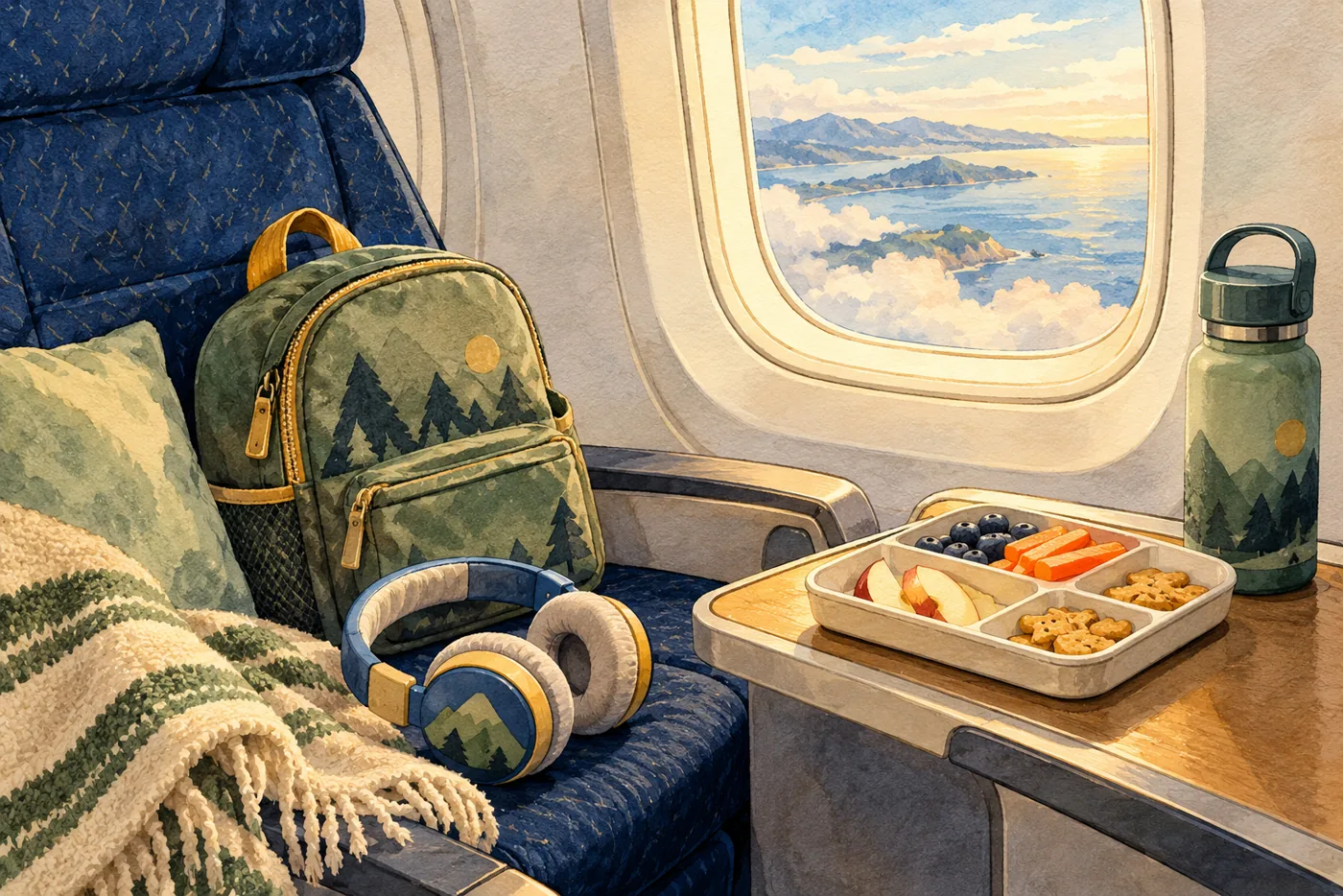 A carry-on, child headphones, water bottle, and simple meal tray beside an unbranded airplane window.