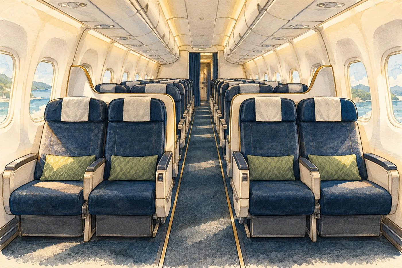 An empty generic narrow-body cabin showing a roomier paired front row and standard rows behind it.