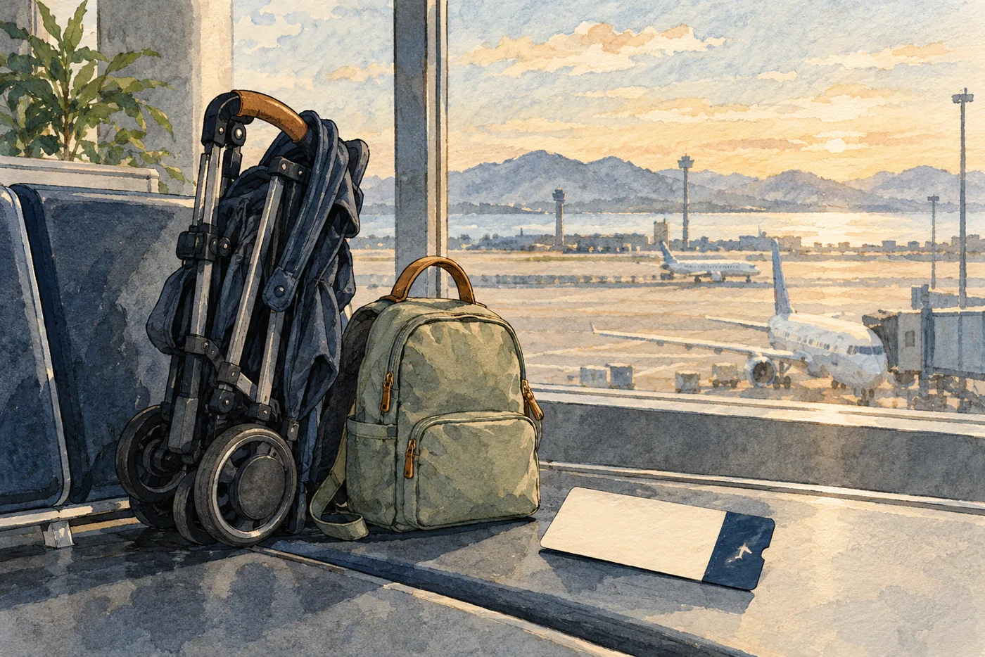 A compact folded stroller, small backpack, and blank boarding card beside an airport window.