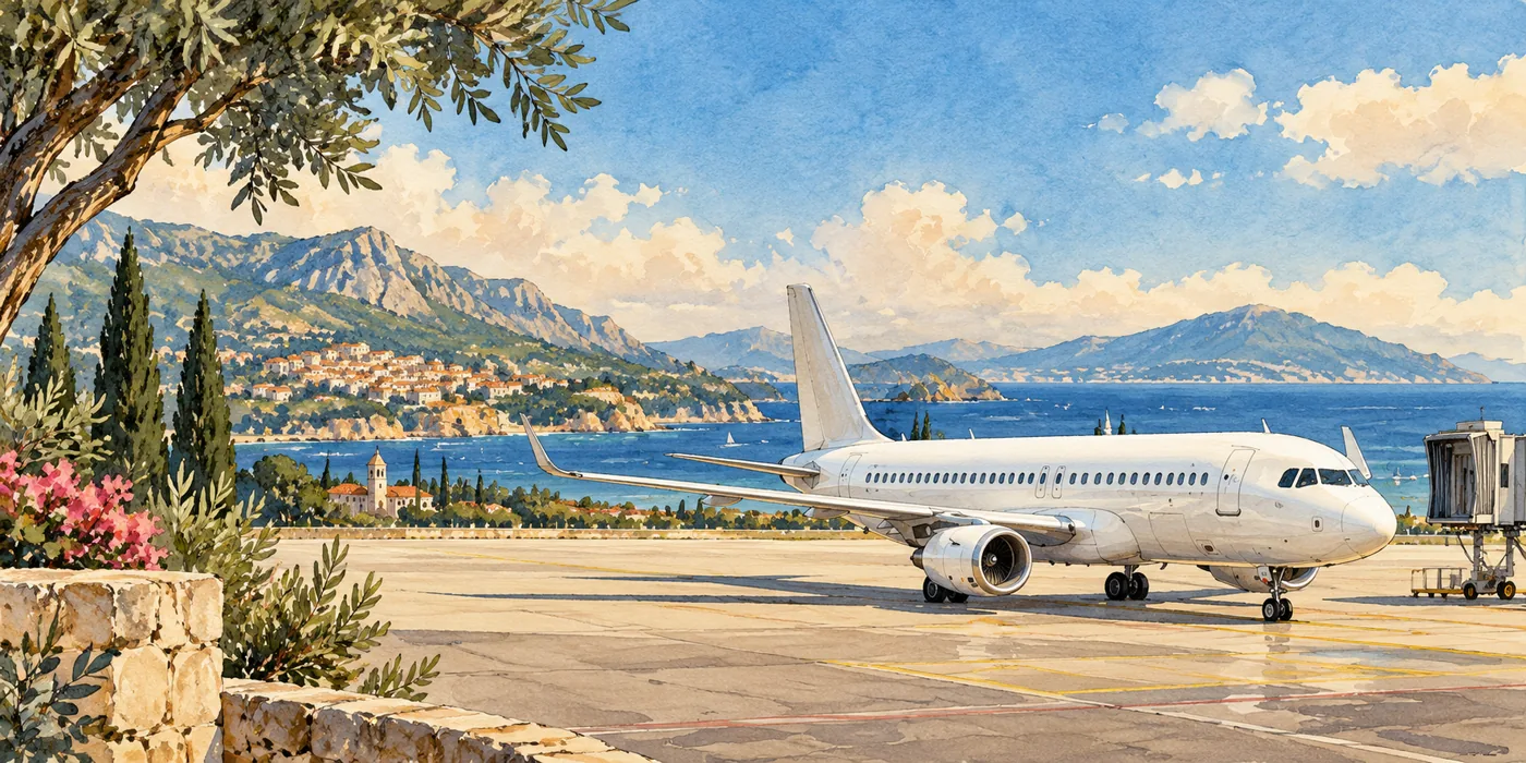 A generic European narrow-body passenger jet on an airport apron beneath a Mediterranean sky.
