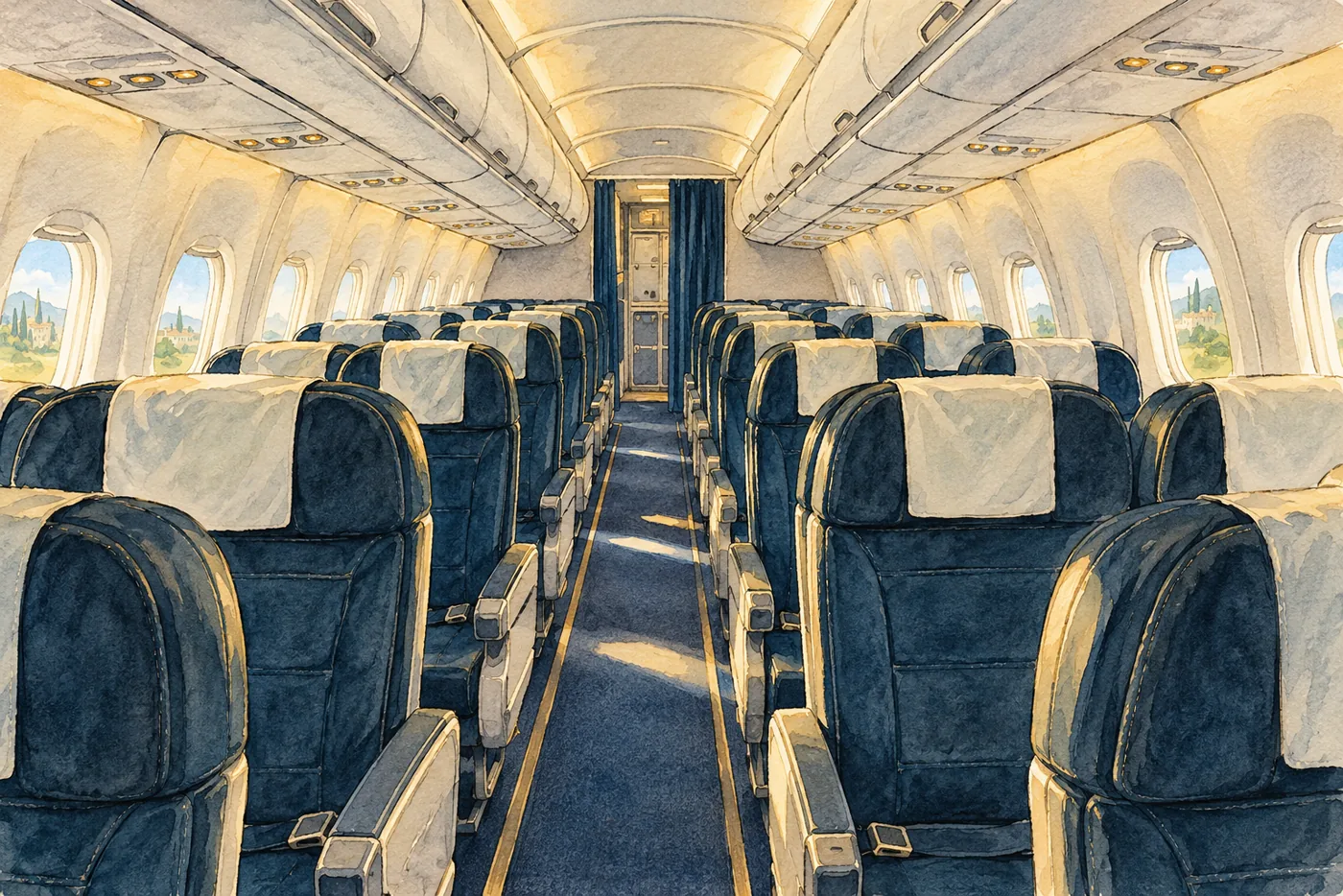 An empty generic European narrow-body cabin with paired seats and an open center seat impression.