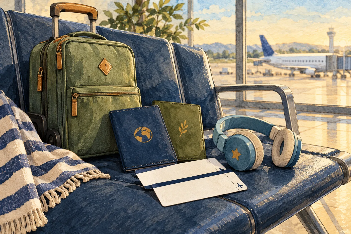 Simple travel documents, a family carry-on, and an airplane tray beside an unbranded window.