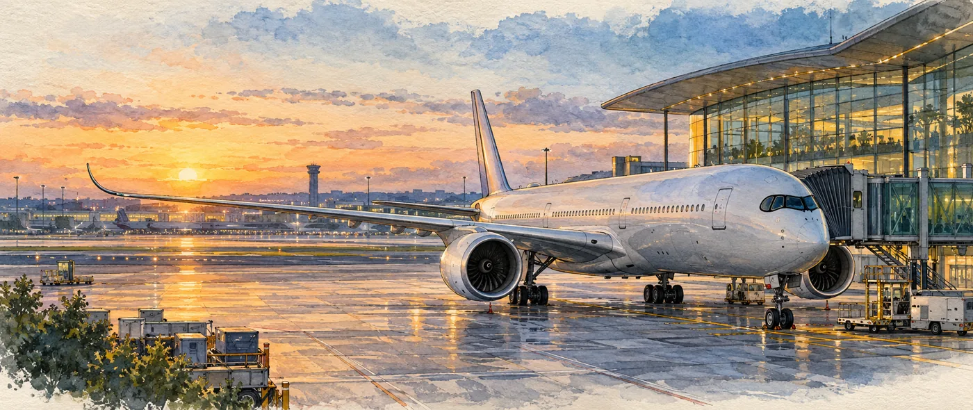An unbranded twin-engine widebody at an airport terminal at dawn.