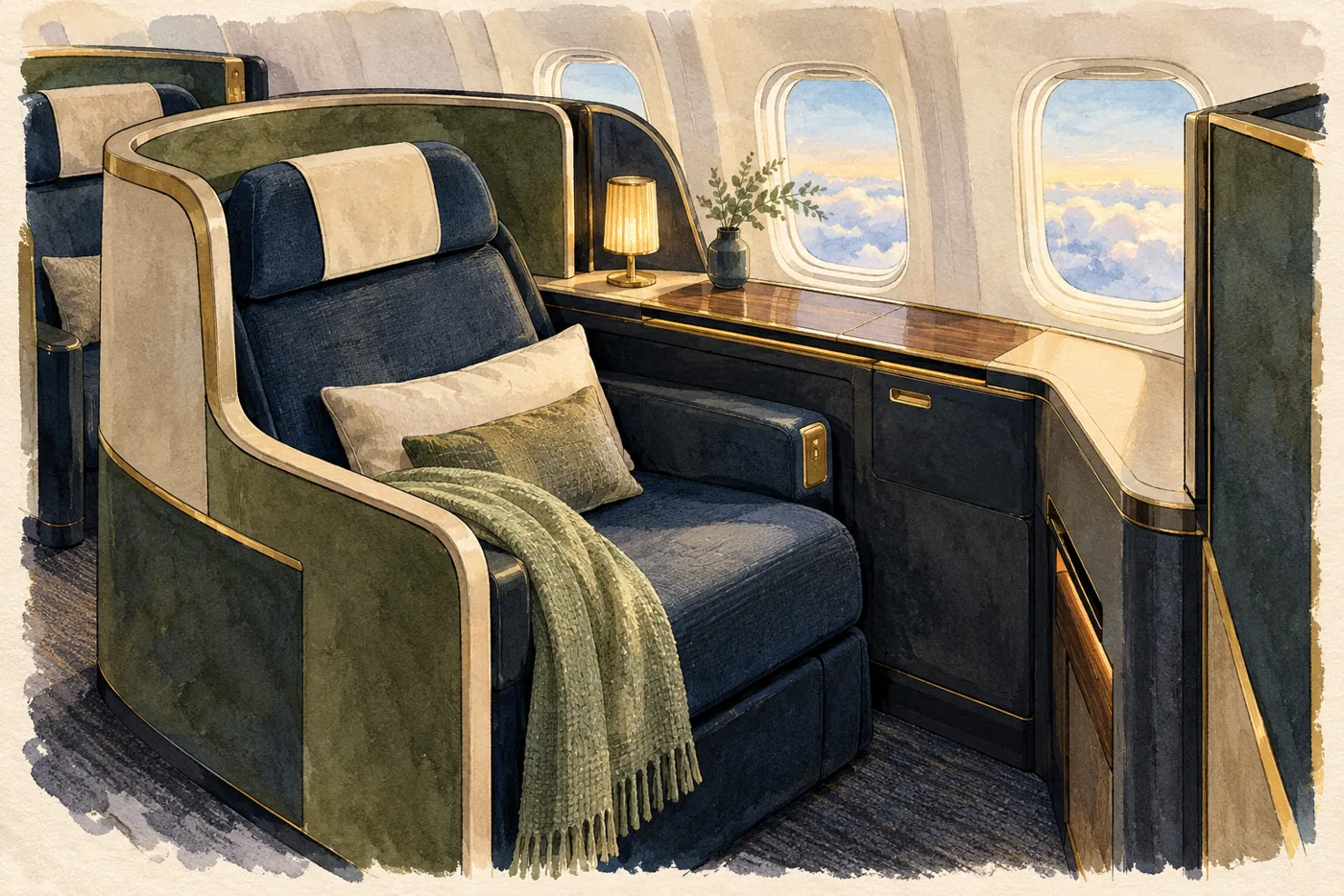 An empty generic premium aircraft cabin with private seat shells and soft aisle lighting.