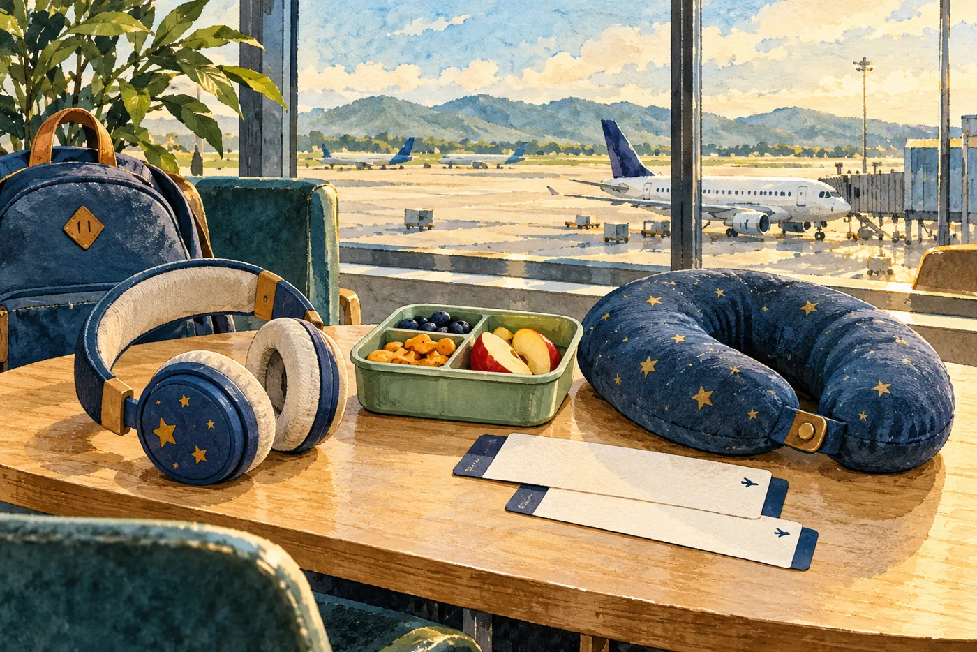 A family flight kit with a small carry-on, child headphones, and water beside an airplane window.