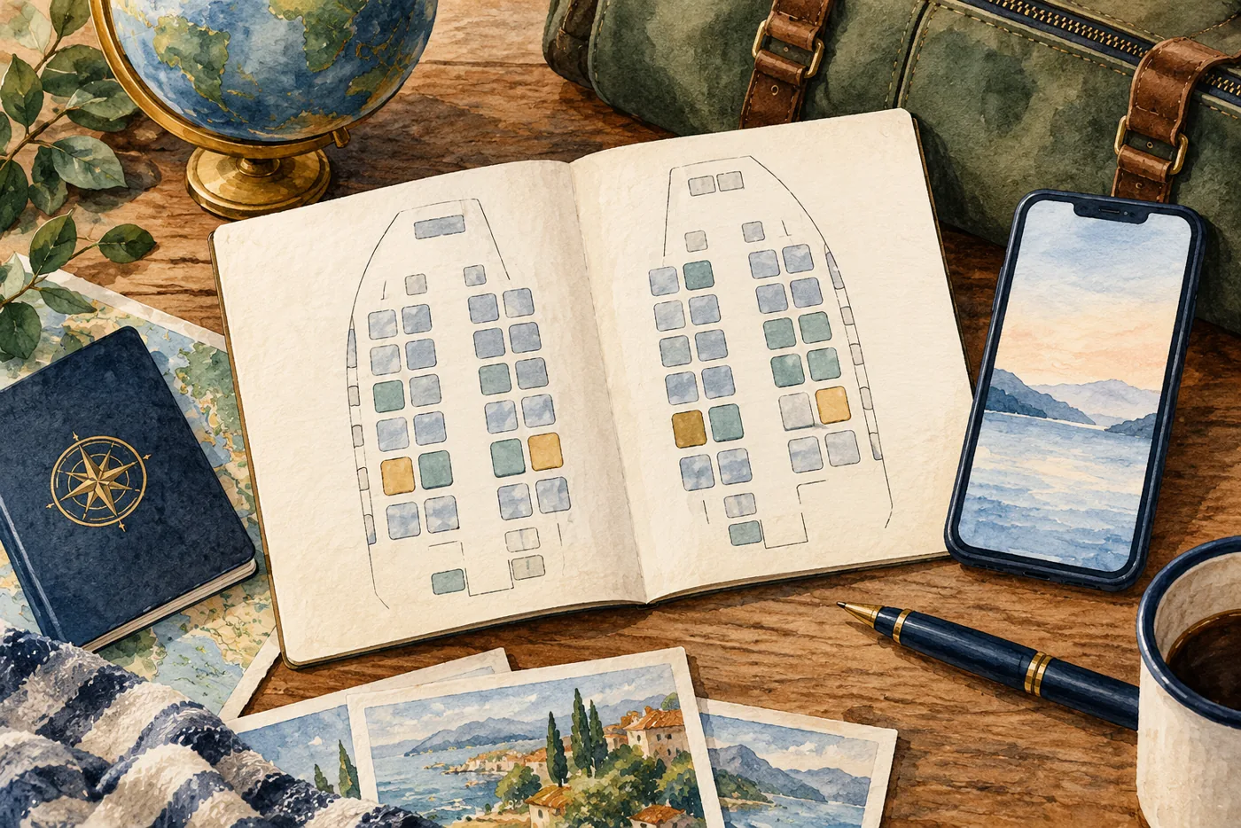 A blank notebook with a generic aircraft seat grid, phone, and travel items on a desk; it is not an airline seat map.