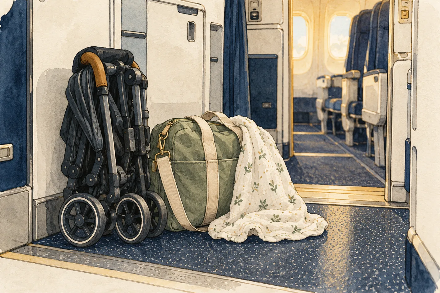 A small infant travel bag and folded stroller beside a generic aircraft entrance.