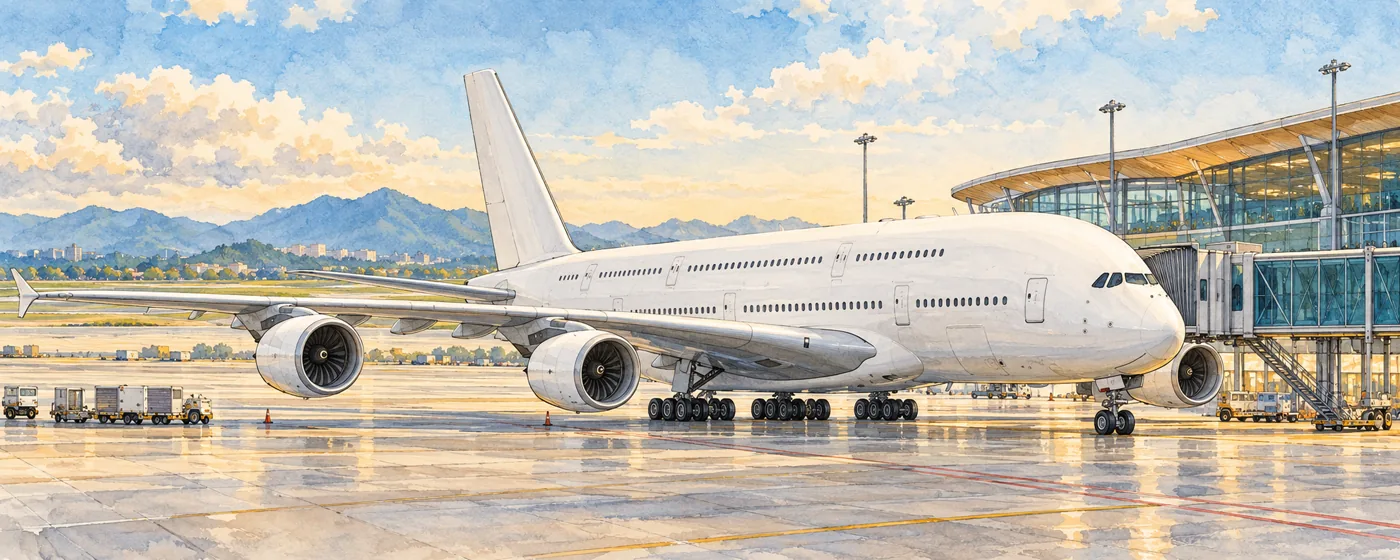 An unbranded double-deck four-engine passenger jet at an airport terminal.