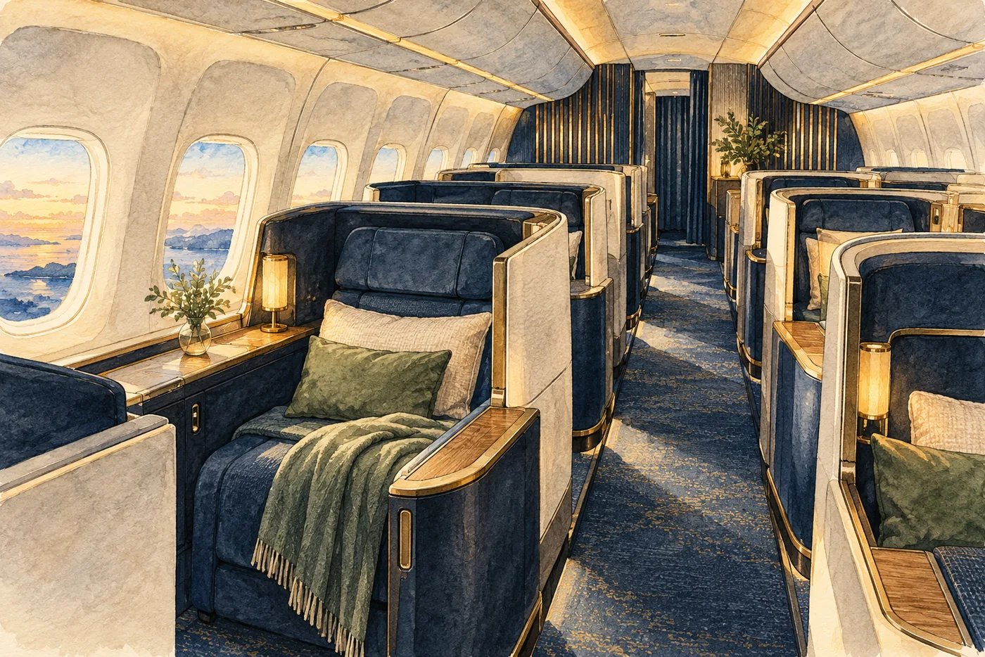 An empty upper-deck premium aircraft cabin with private seat shells and a softly lit aisle.