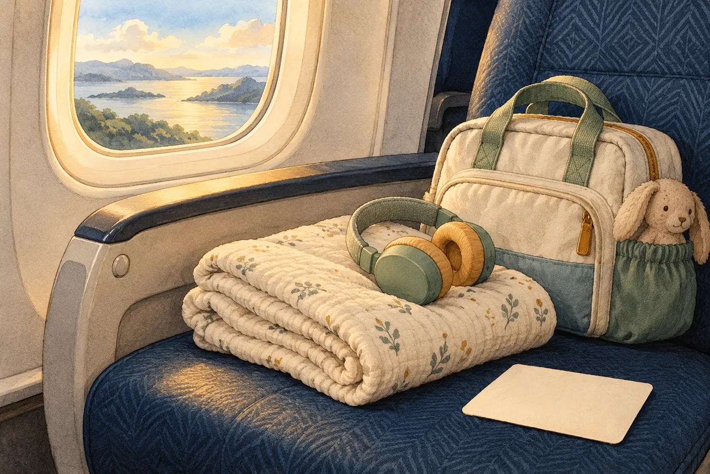 A small infant travel bag, folded blanket, and child headphones beside an unbranded airplane window.