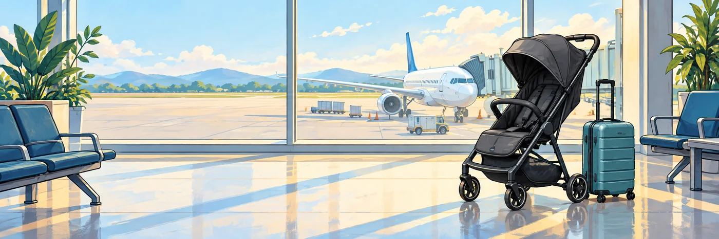 Illustrated unoccupied airport gate with a compact travel stroller and carry-on, with an aircraft beyond tall windows.