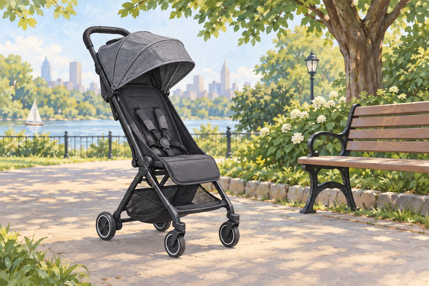Illustrated compact stroller on an empty paved park path beside a shaded bench.
