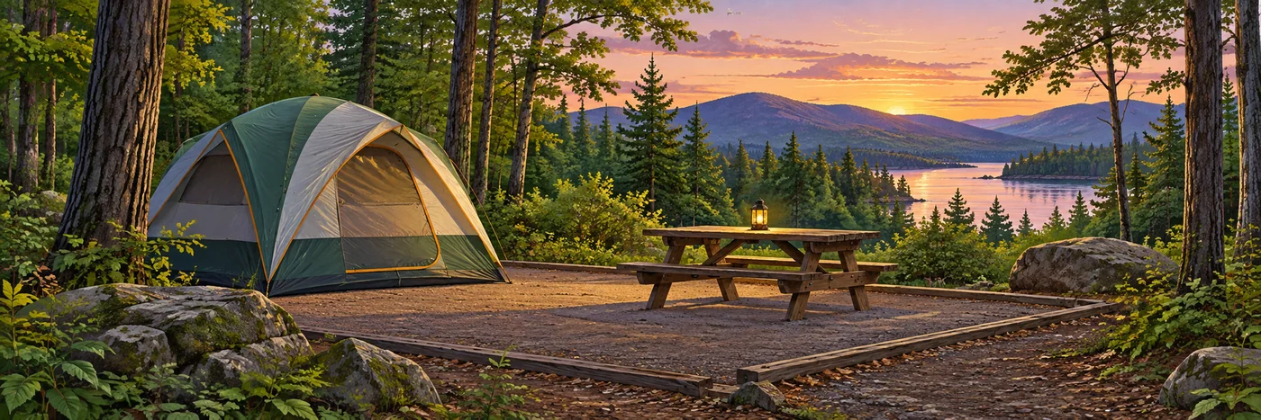 Illustrated family campsite with a tent beneath pine trees beside a quiet lake.