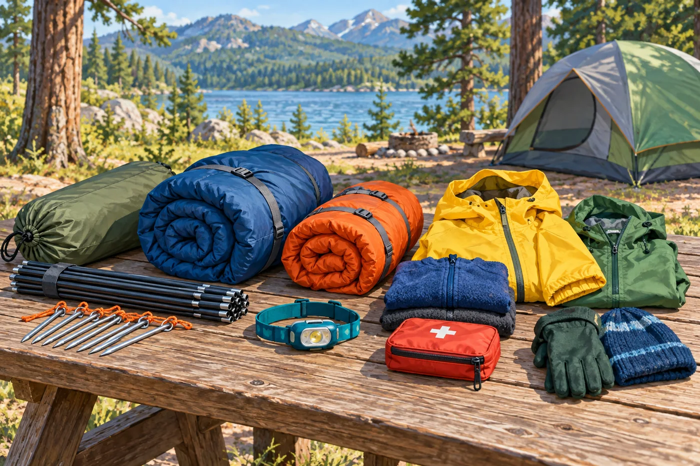 Illustrated sleeping bags, rolled sleeping pads, and child-sized outdoor layers arranged beside a tent.