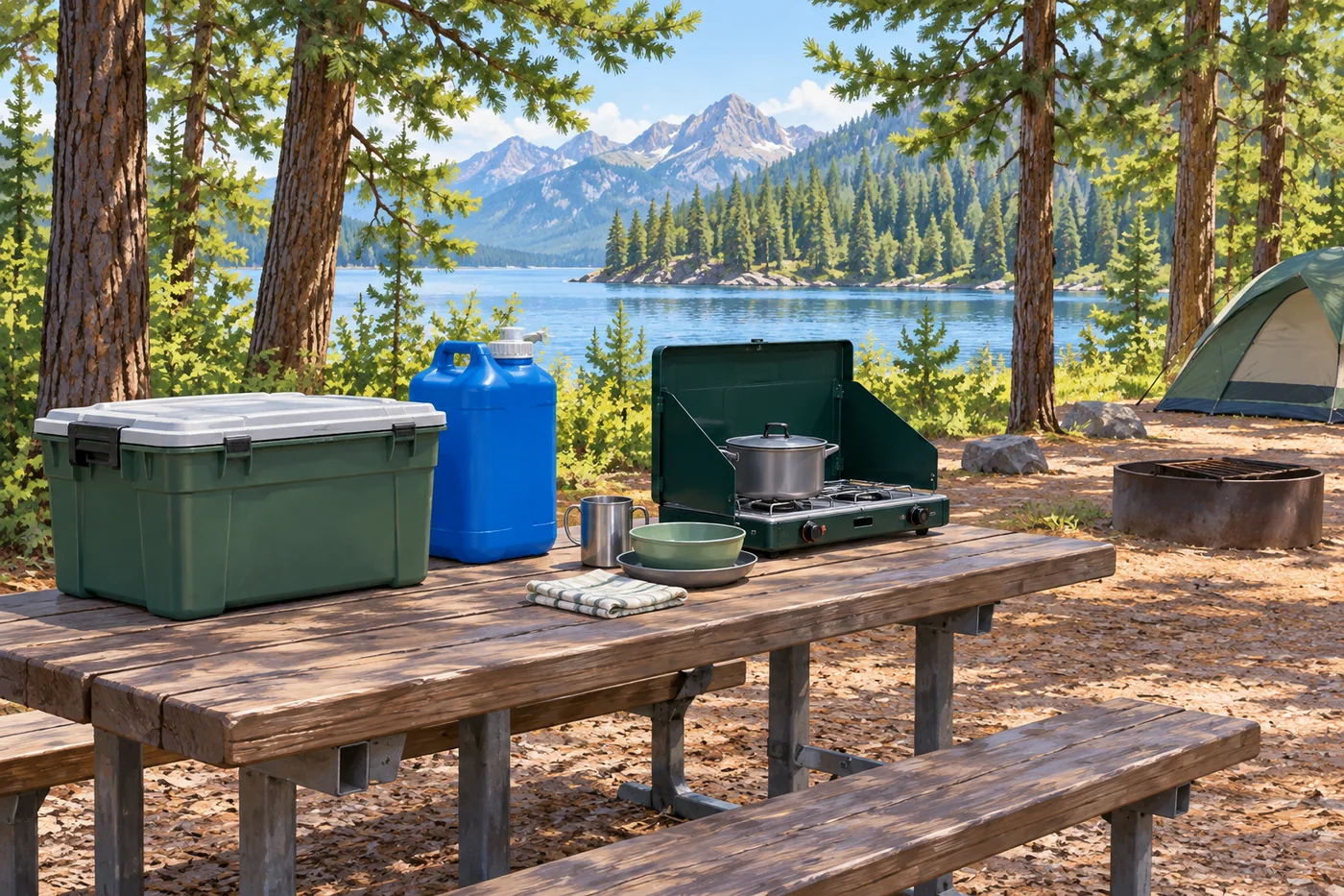 Illustrated camp stove and food-storage containers set on a picnic table near a family campsite.