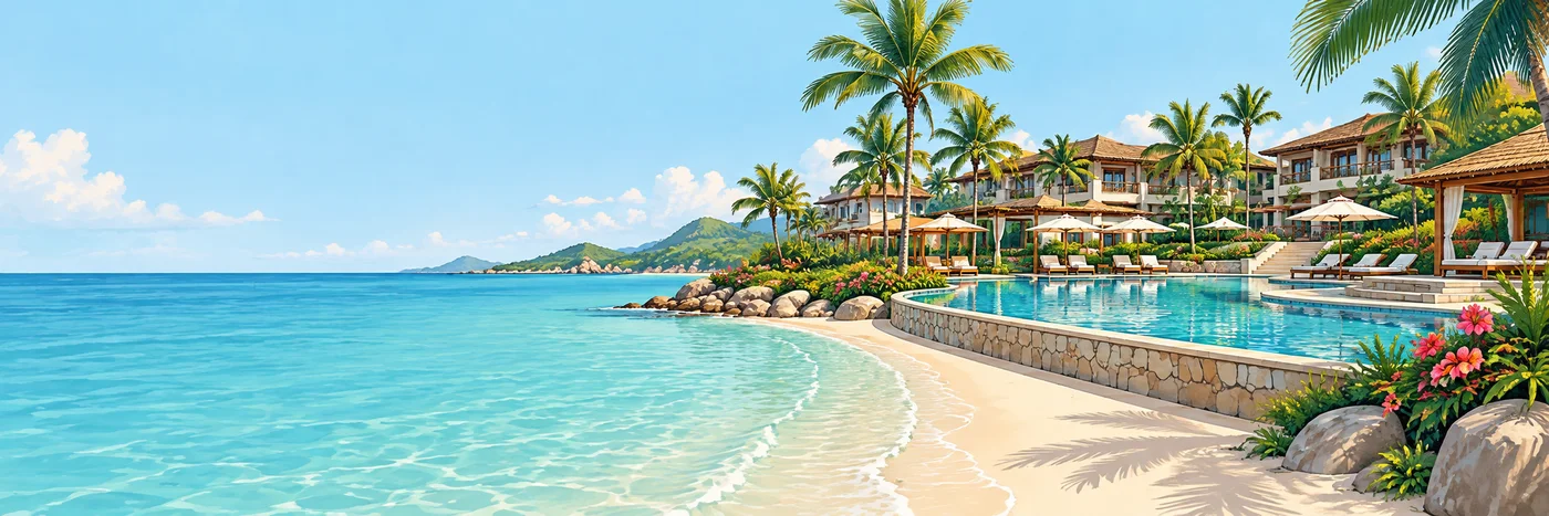 Illustrated Caribbean resort shoreline, pool, palms, and low-rise resort buildings.