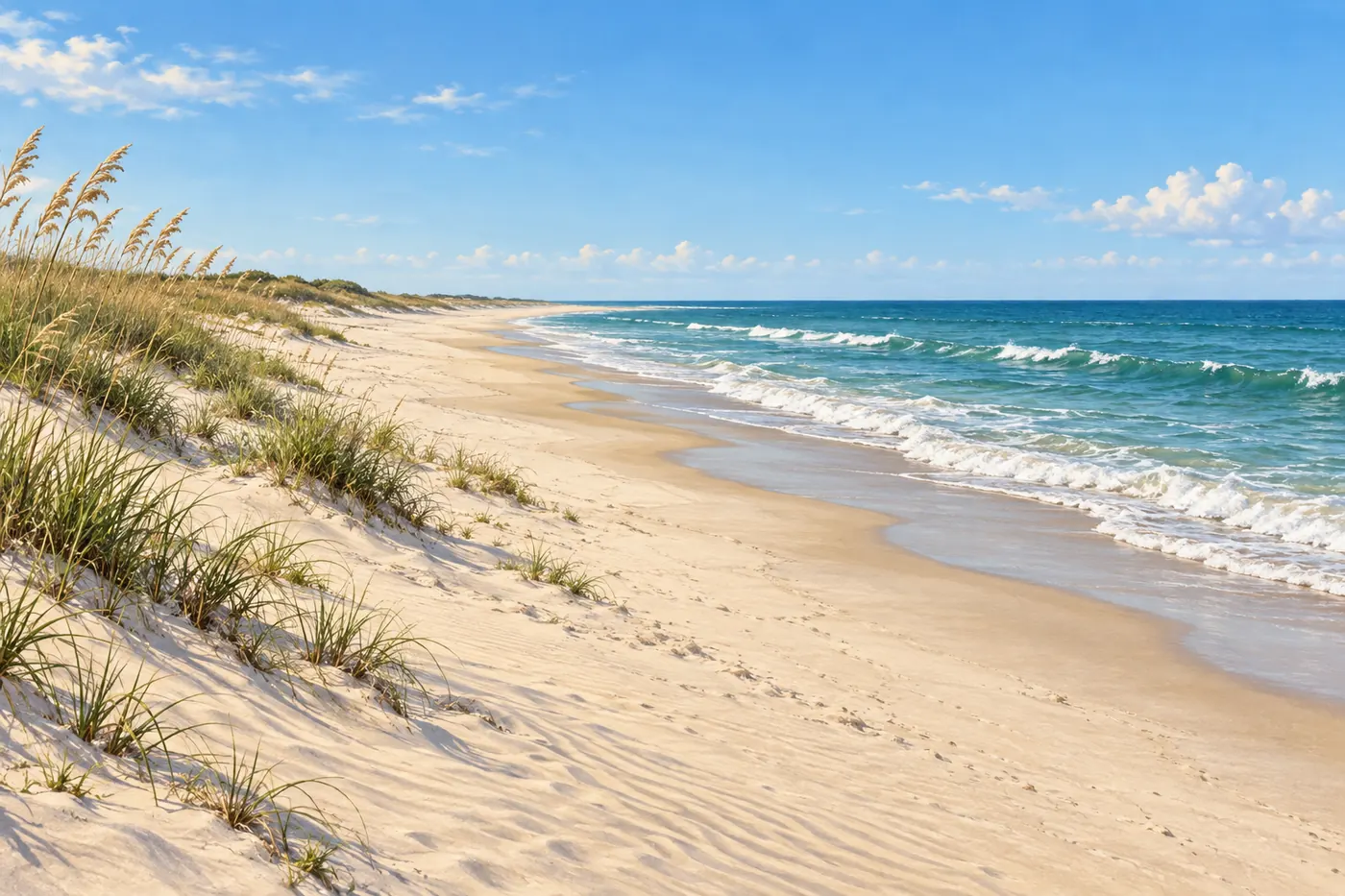 A wide Outer Banks beach with sea oats on the dunes and Atlantic surf