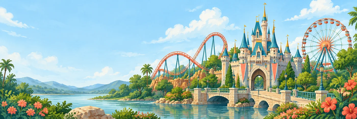 Illustrated US theme-park skyline with a castle-like entrance, roller coaster, and ferris wheel.