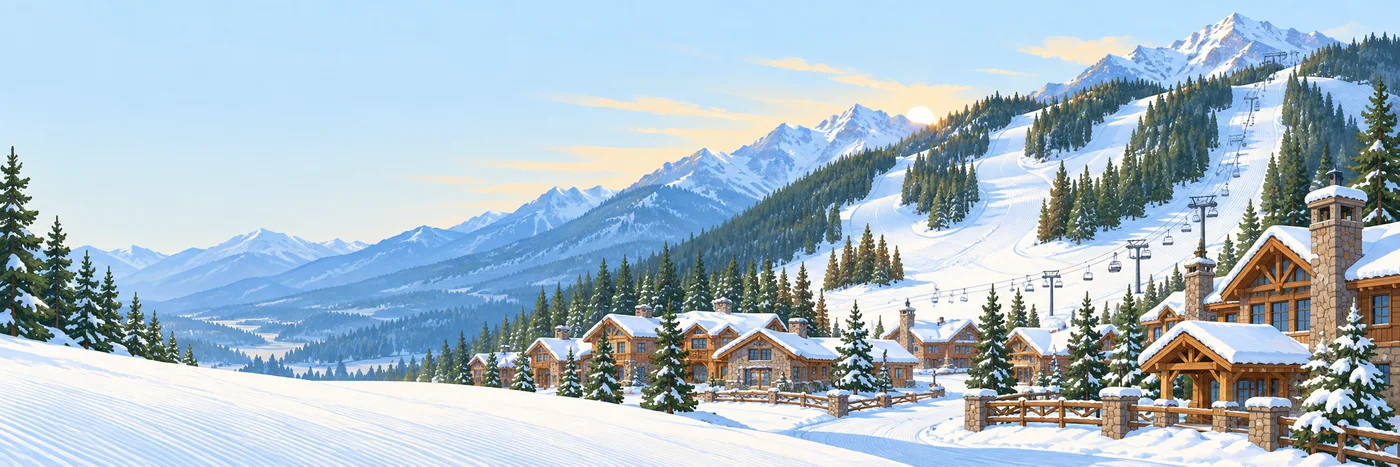 Illustrated unoccupied Colorado beginner slopes with chairlifts, pines, and a quiet base village.