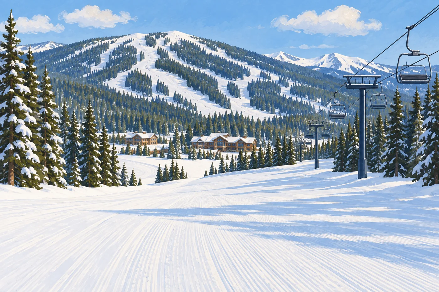 Illustrated Winter Park beginner run, unoccupied chairlift, evergreen forest, and base-area lodge.
