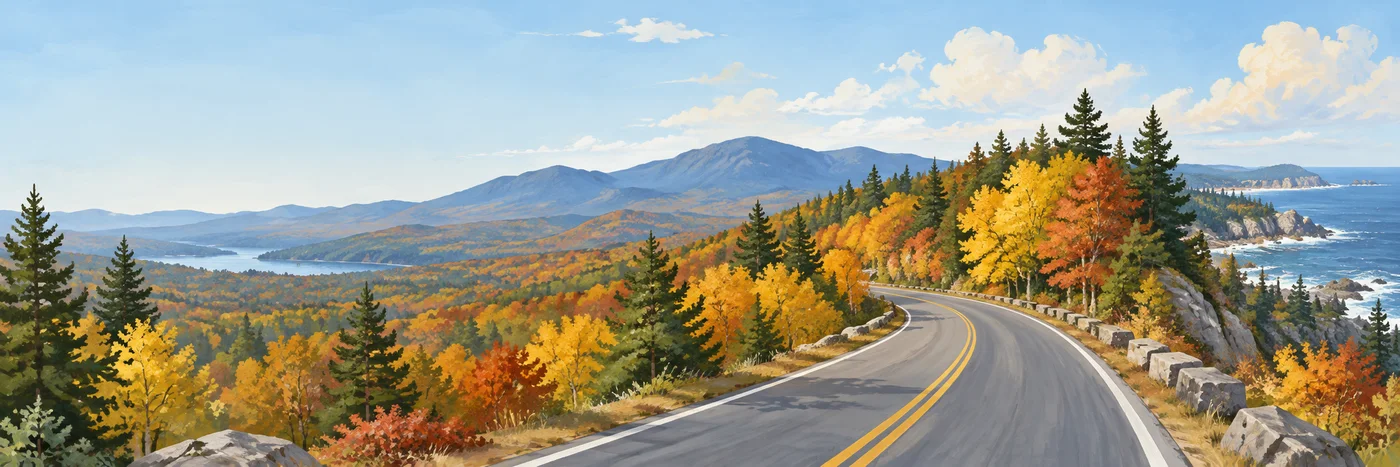Illustrated New England road curving through autumn forest toward a mountain ridge and Atlantic coastline.