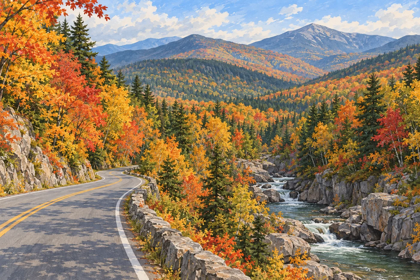 Illustrated autumn road through the White Mountains beside a forested river gorge.