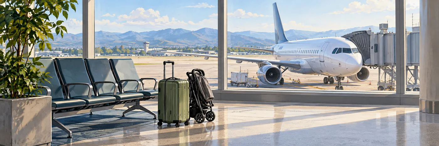 Illustrated airport departure hall with a window view of a parked passenger aircraft.
