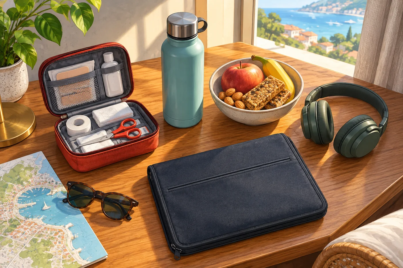 Illustrated open family travel pouch with a passport, headphones, water bottle, and folded travel checklist.