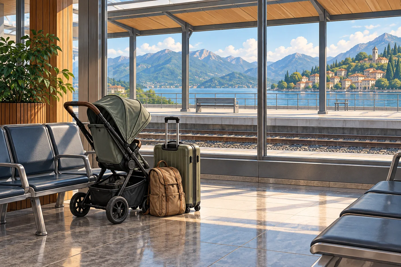 Illustrated stroller and rolling luggage beside a train platform overlooking a mountain village.