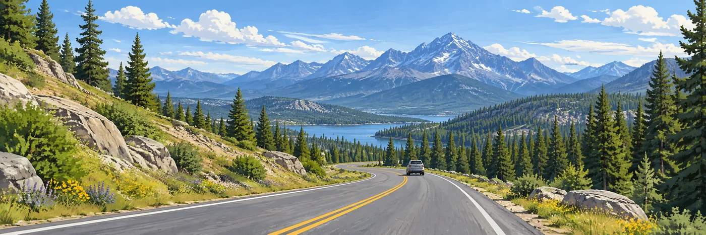 Illustrated two-lane road curving through forested mountains beneath a clear sky.