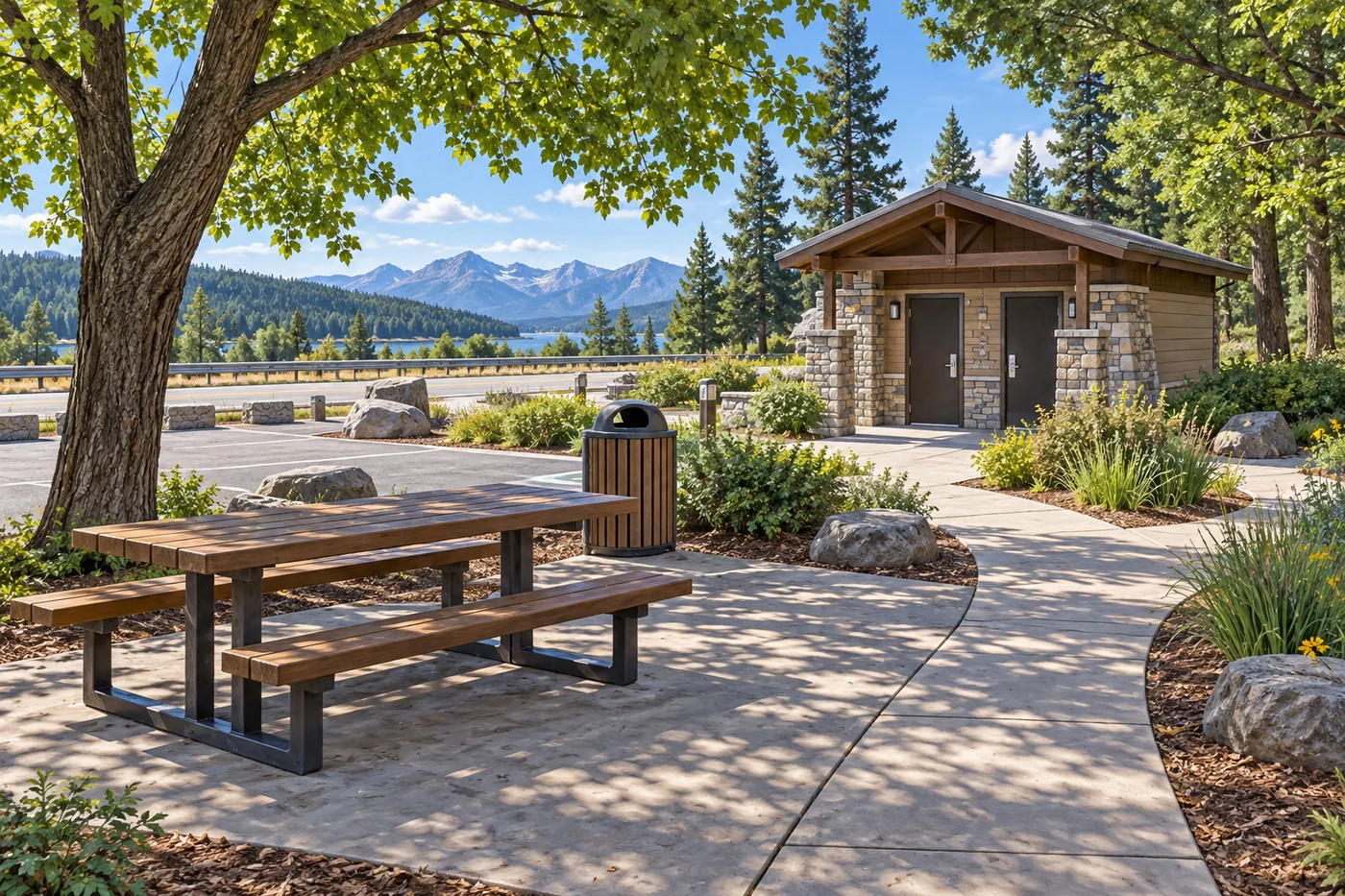Illustrated highway rest area with picnic tables, shade trees, and a quiet walking path.