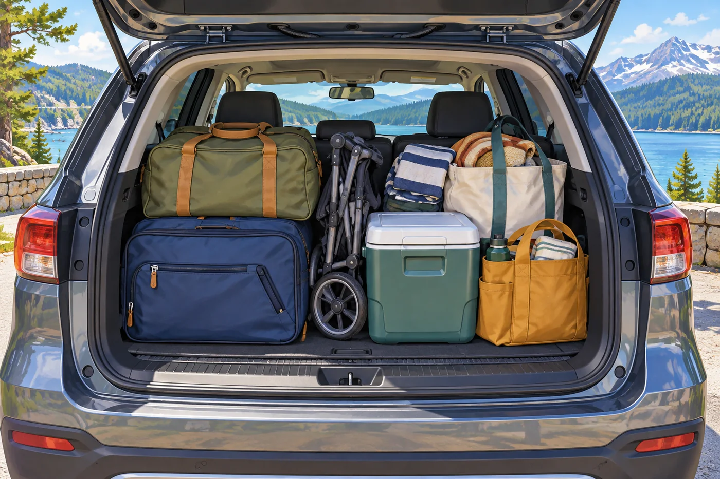 Illustrated open vehicle trunk with neatly packed family road-trip luggage, cooler, and travel bag.
