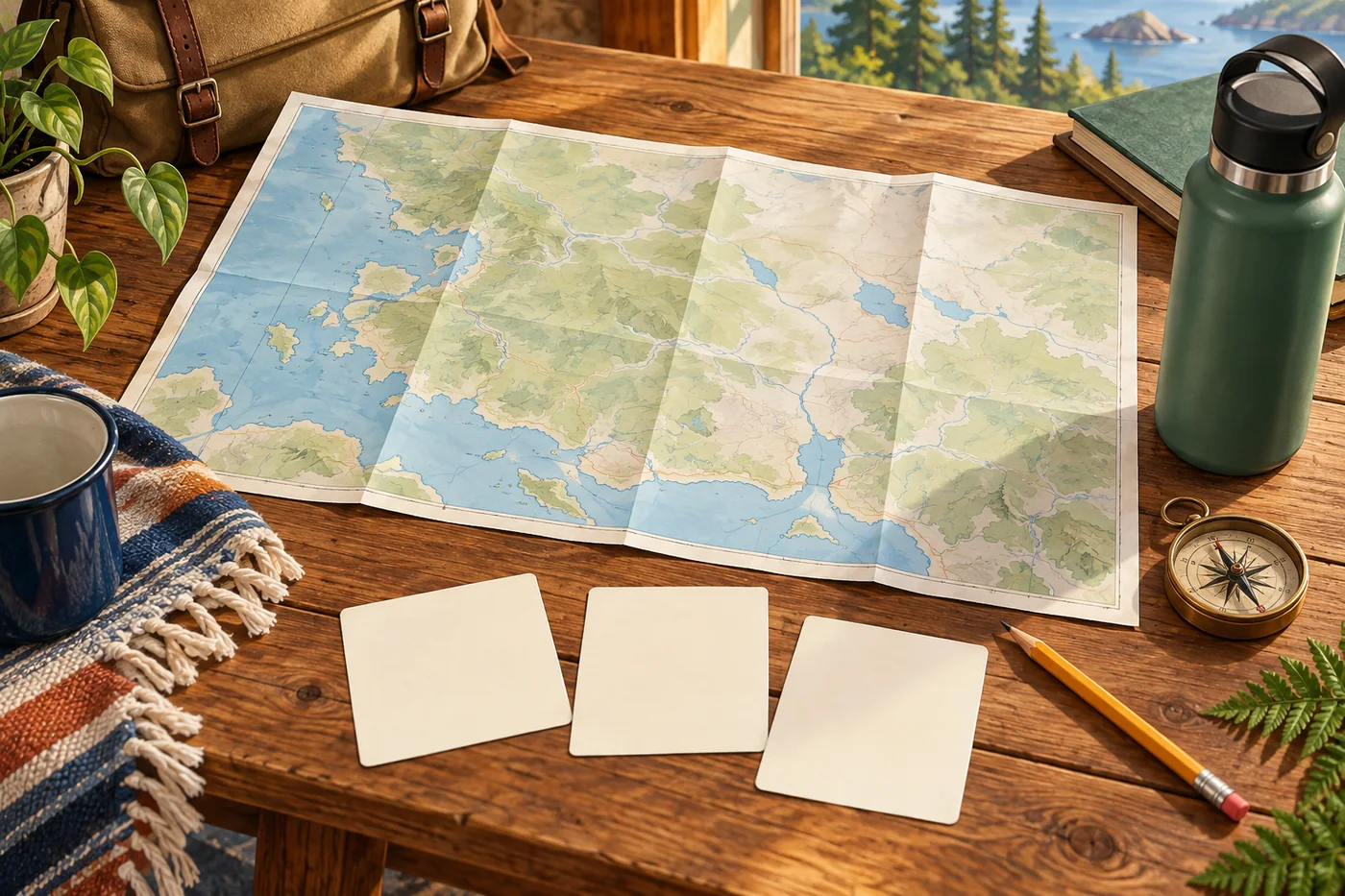 Illustrated blank destination cards, a route map, colored pencils, and a small budget notebook on a desk.