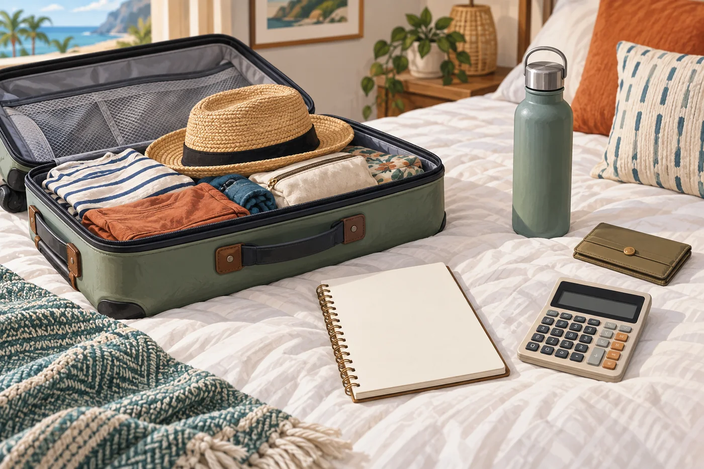 Illustrated open suitcase beside a travel notebook, pencil, and simple calculator for planning a family trip.