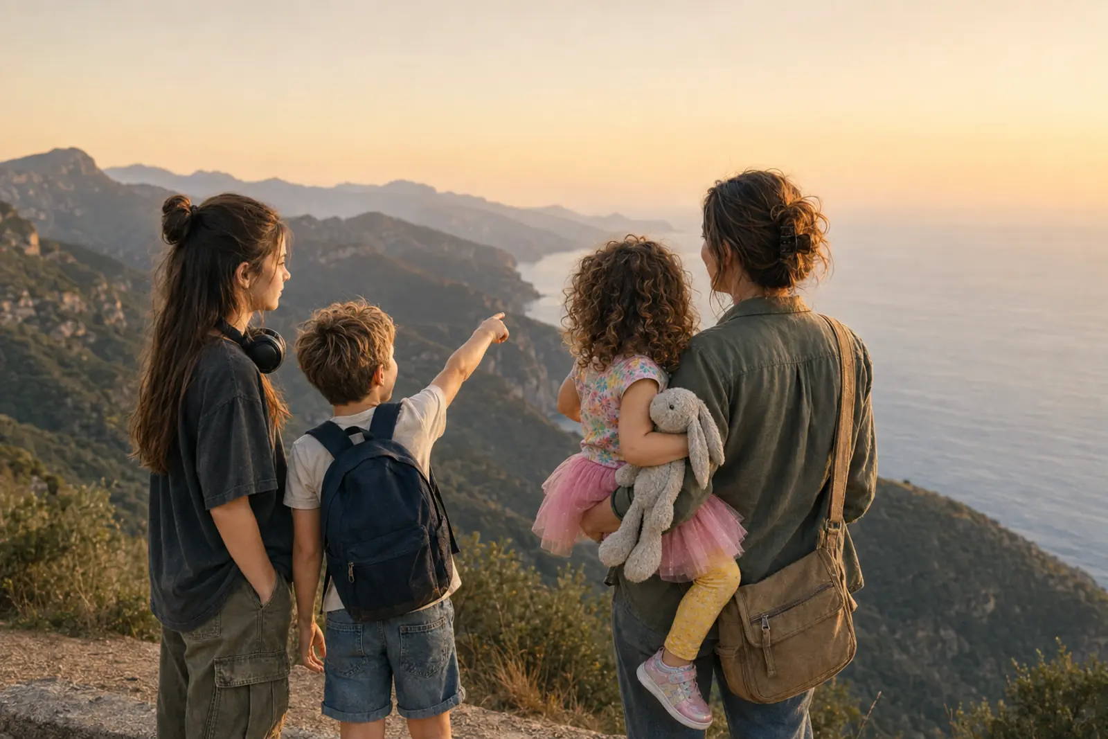 A family of four at a coastal mountain overlook at sunset, looking out at the view