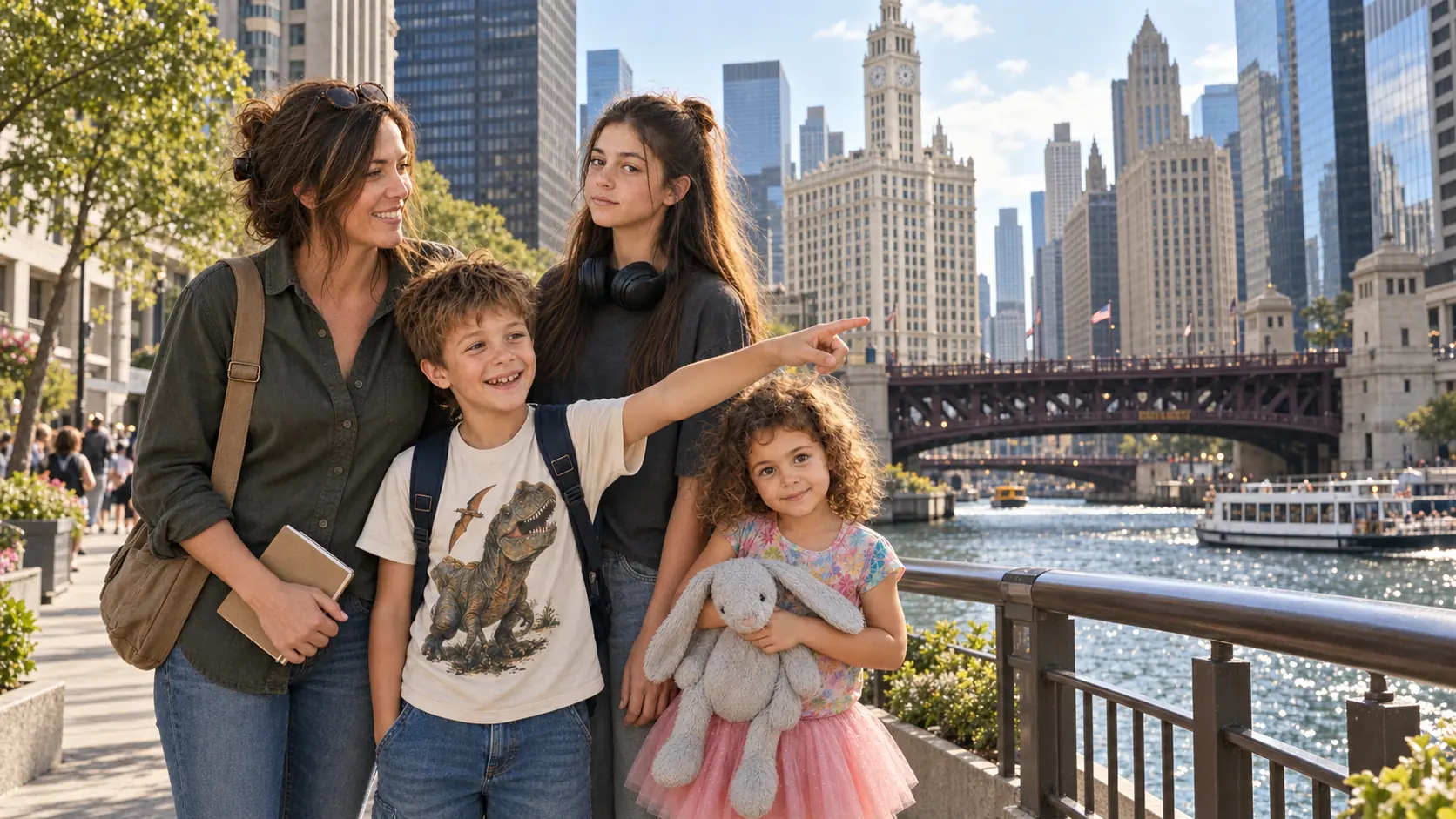 Mitchell family walking beside the Chicago River with downtown architecture behind them