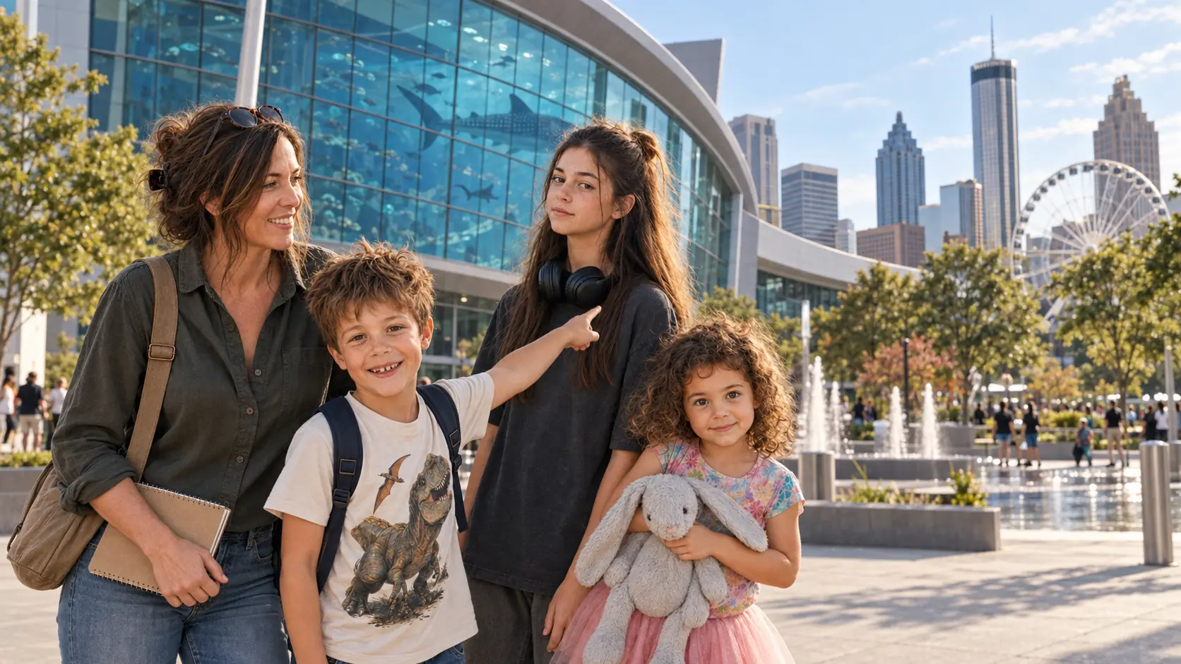 Mitchell family outside the Georgia Aquarium with Centennial Olympic Park and downtown Atlanta behind them