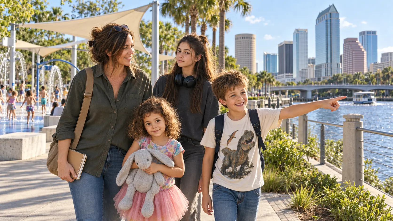 Mitchell family walking beside Tampa's Hillsborough River with the downtown skyline behind them