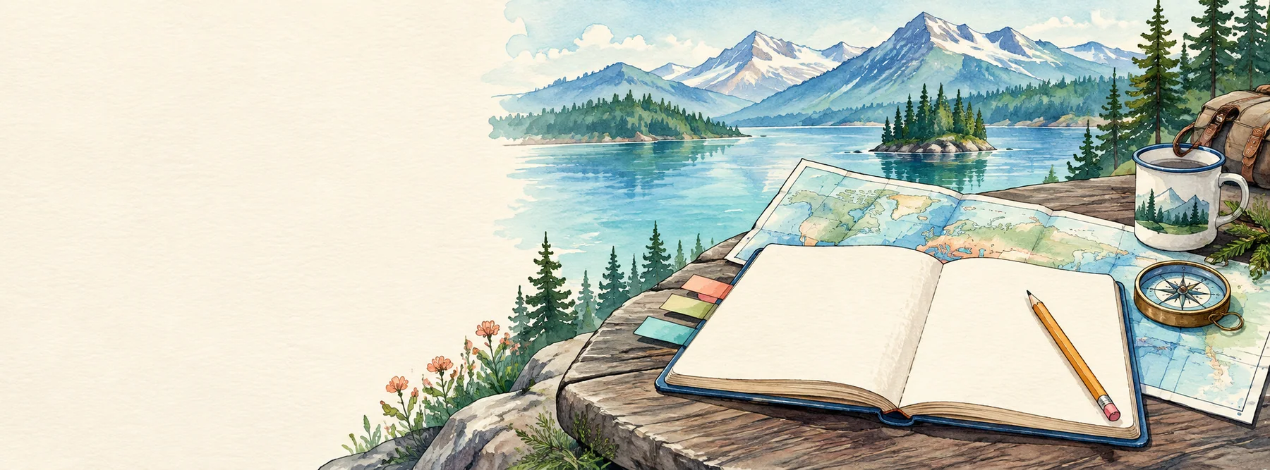 Watercolor mountain lake beside an open travel journal, map, pencil, and compass.