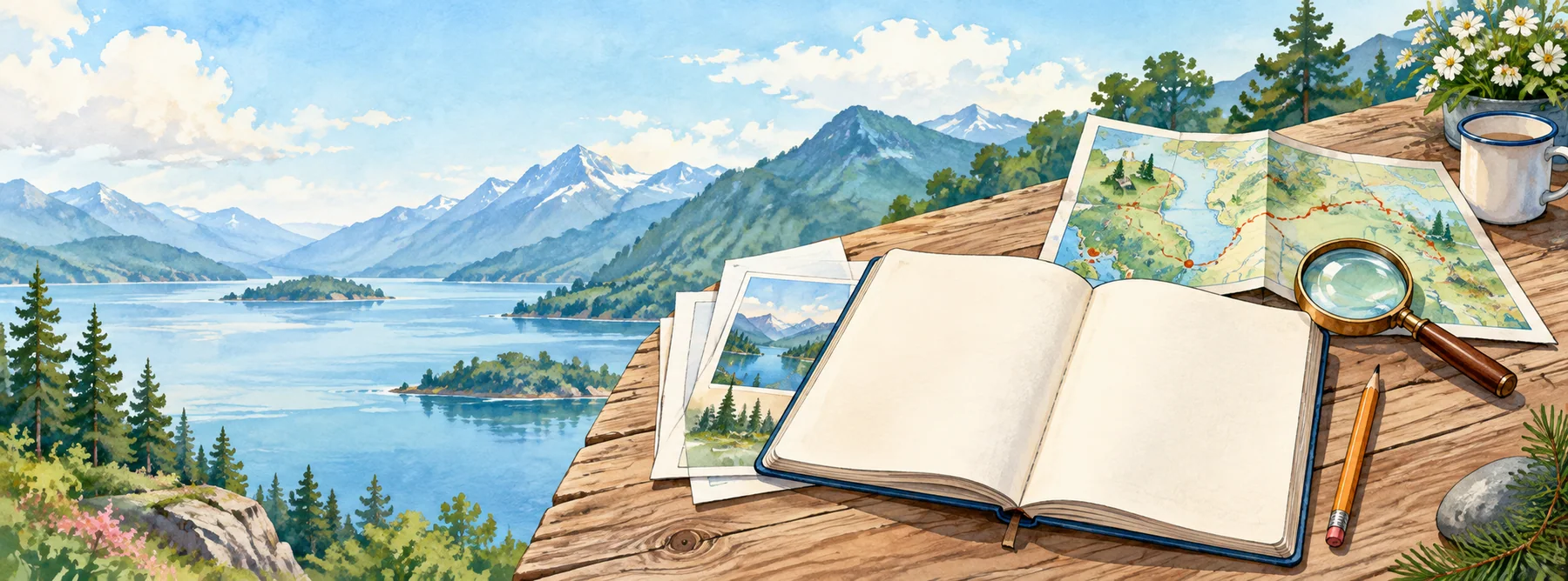 Watercolor mountain lake beside a wooden table with travel maps, a notebook, pencil, and magnifying glass.